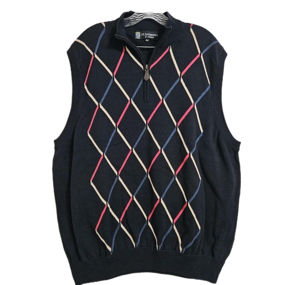 St. Andrews of Scotland‎ Sweater Vest Mens XXL Navy Argyle Quarter Zip Cotton